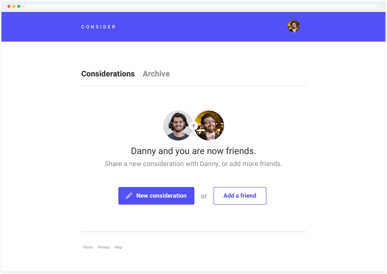 Example screenshot of adding a friend on Consider